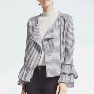 Banana Republic Blue Ruffle Sleeve Knit Boucle Tweed Blazer